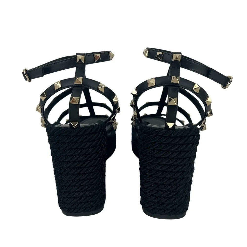 Valentino Garavani Rockstud Calfskin Wedge Sandals Black Size 41
